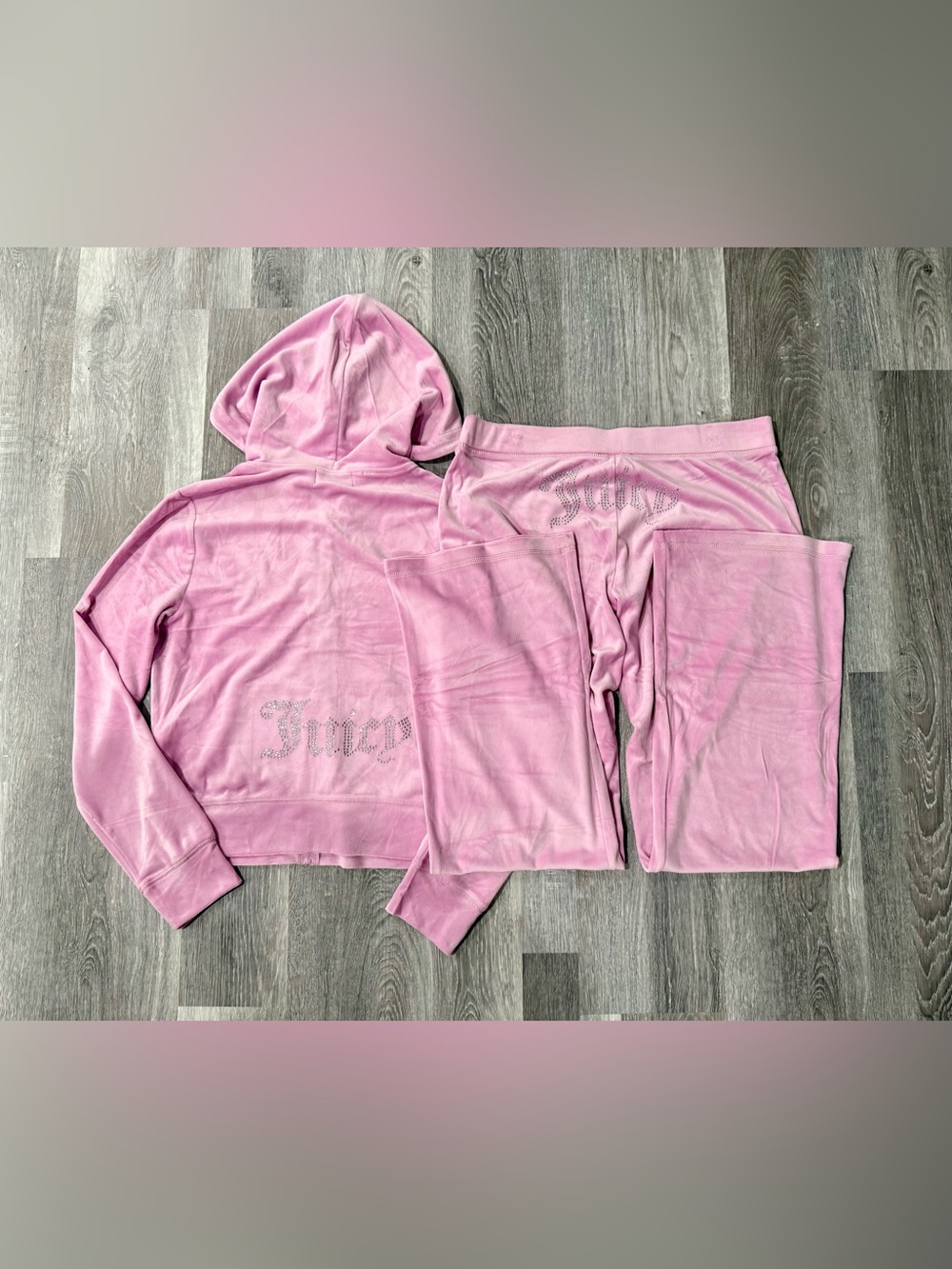 Juicy Couture Women’s Pink Velour 2pc Rhinestone Zip Hoodie & Pants Suit L
